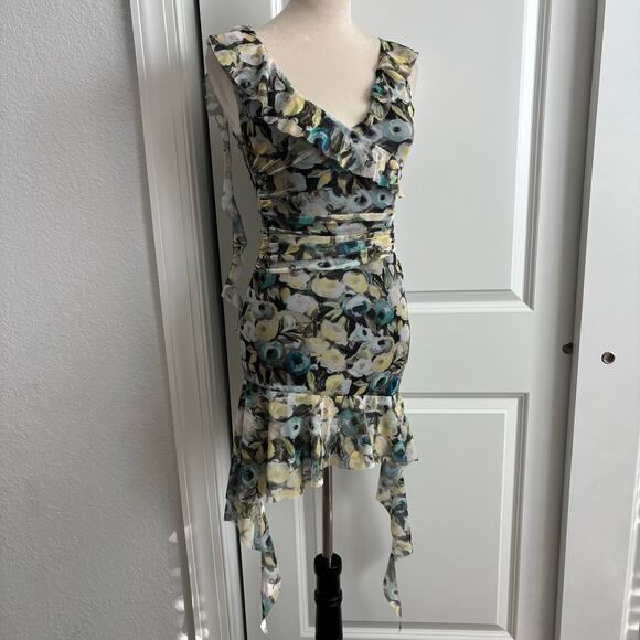 Zara Floral Mesh Ruched Mini Dress V-Neck Ruffle Sleeveless Small Asymmetrical - Picture 3 of 10